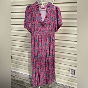 Simply Southern Pink Green seahorse tiered Ruffle neck Midi Dress 21” by 43”